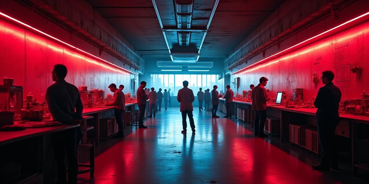 Brutalist workshop environment with innovators collaborating