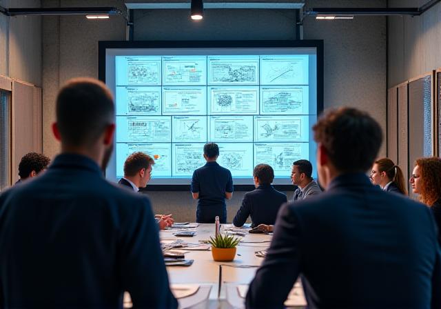 Team collaborating around a high-tech table